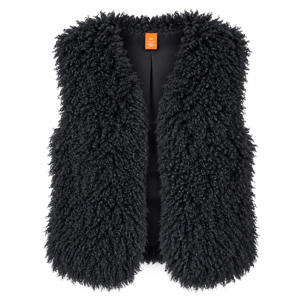 Joe Fresh Womens Vest L Polyester Black Faux Fur Shaggy Curly Boho